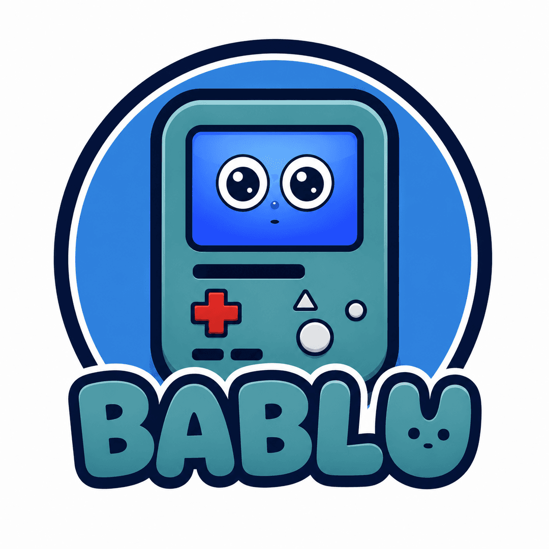 Bablu — a cute teal handheld-console robot with big eyes